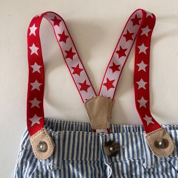 Cat & Jack 3-6M Blue Stripe Shorts W/ Red Star Suspenders 4th Of July Overalls - Picture 2 of 4